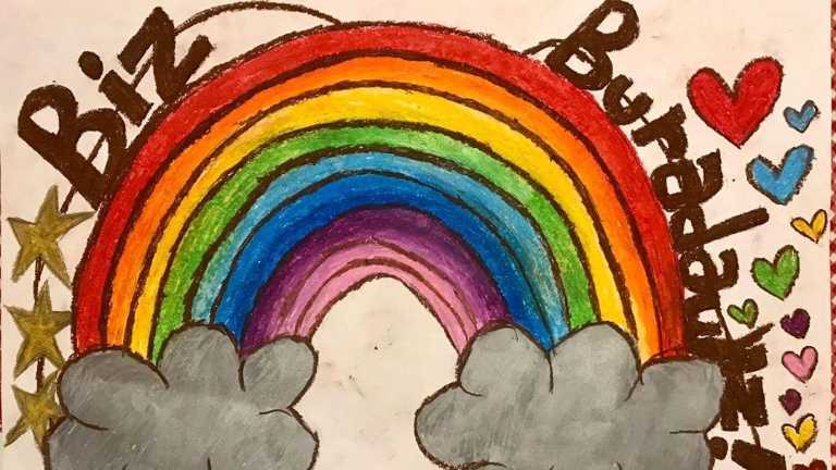 There is a message with rainbow from the children