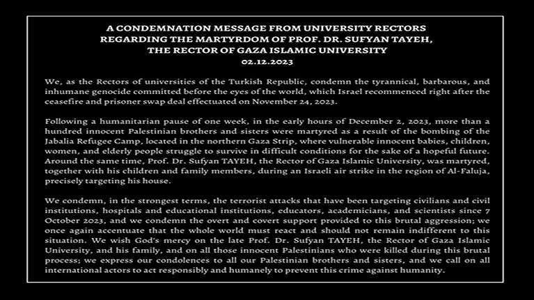 A condemnation message from Unıversity Rectors regarding The Martyrdom of Prof. Dr. Sufyan Tayeh, The Rector of Gaza Islamic Unıversity