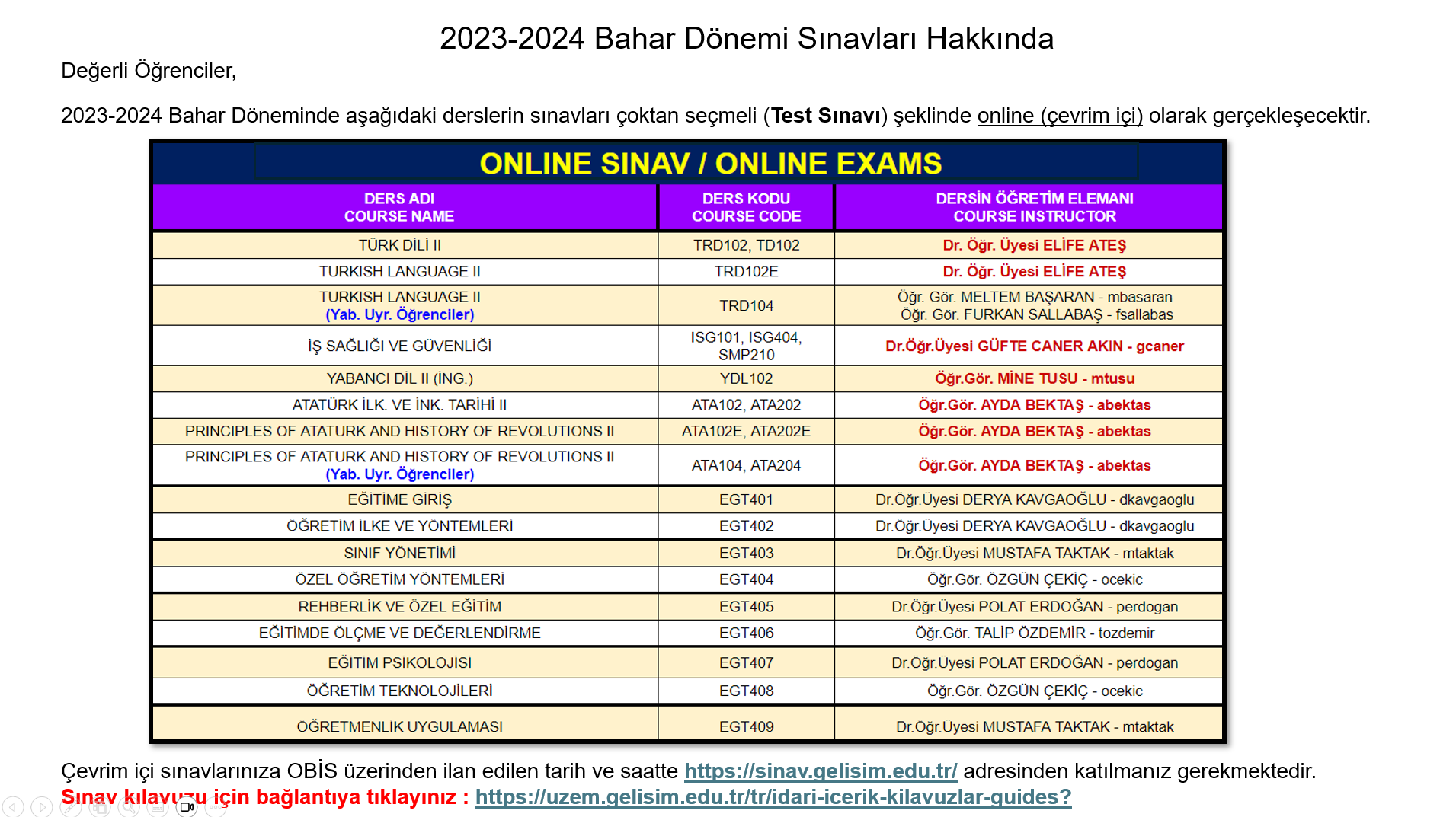 ONLINE SINAV DUYURUSU - 2023-2024-BAHAR