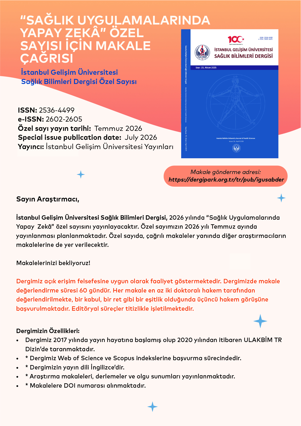 IGUSABDER "Sağlık Uygulamalarında Yapay Zeka" Özel Sayısı İçin Makale Çağrısı