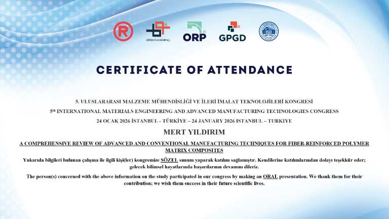 Asst. Prof. Mert Yildirim Presented at the 5th International Materials Engineering and Advanced Manufacturing Technologies Congress (IMEAMTC’26)