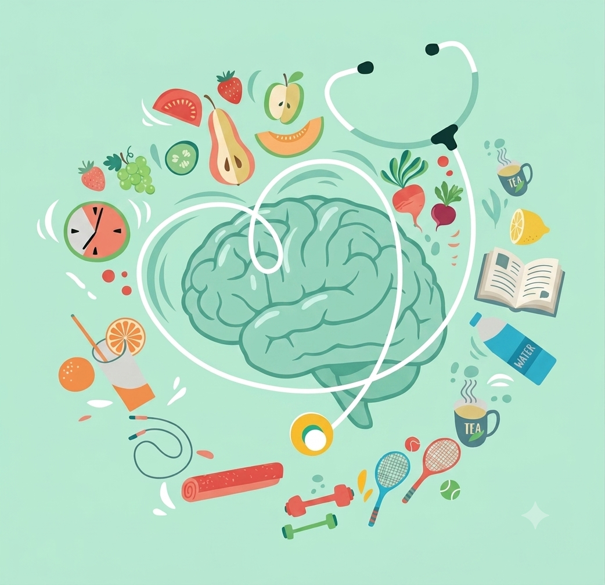 Healthy habits supporting brain health such as exercise, nutrition, sleep, and mental activity