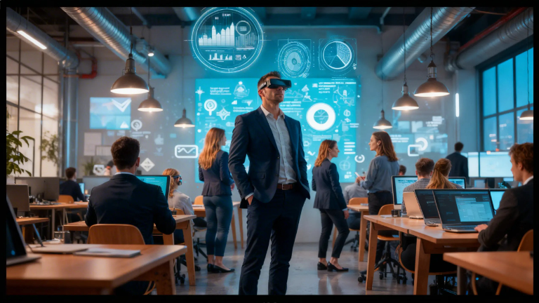 Modern bir ofis ortamında girişimcilik ve inovasyonun işbirliğiyle buluştuğu an